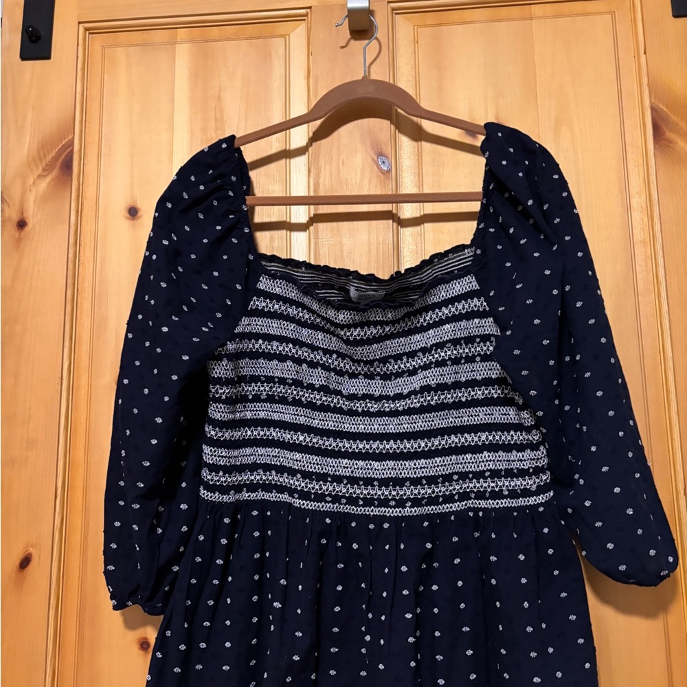Navy Smocked Boho Blouse with White Dot Detail